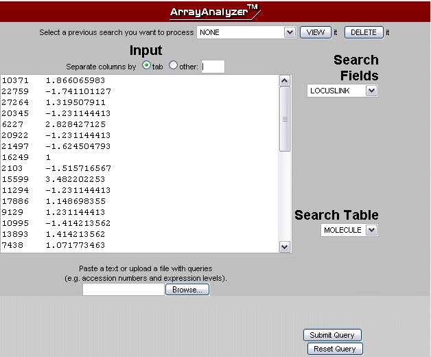 Fig.1 Search engine interface with a sample data list